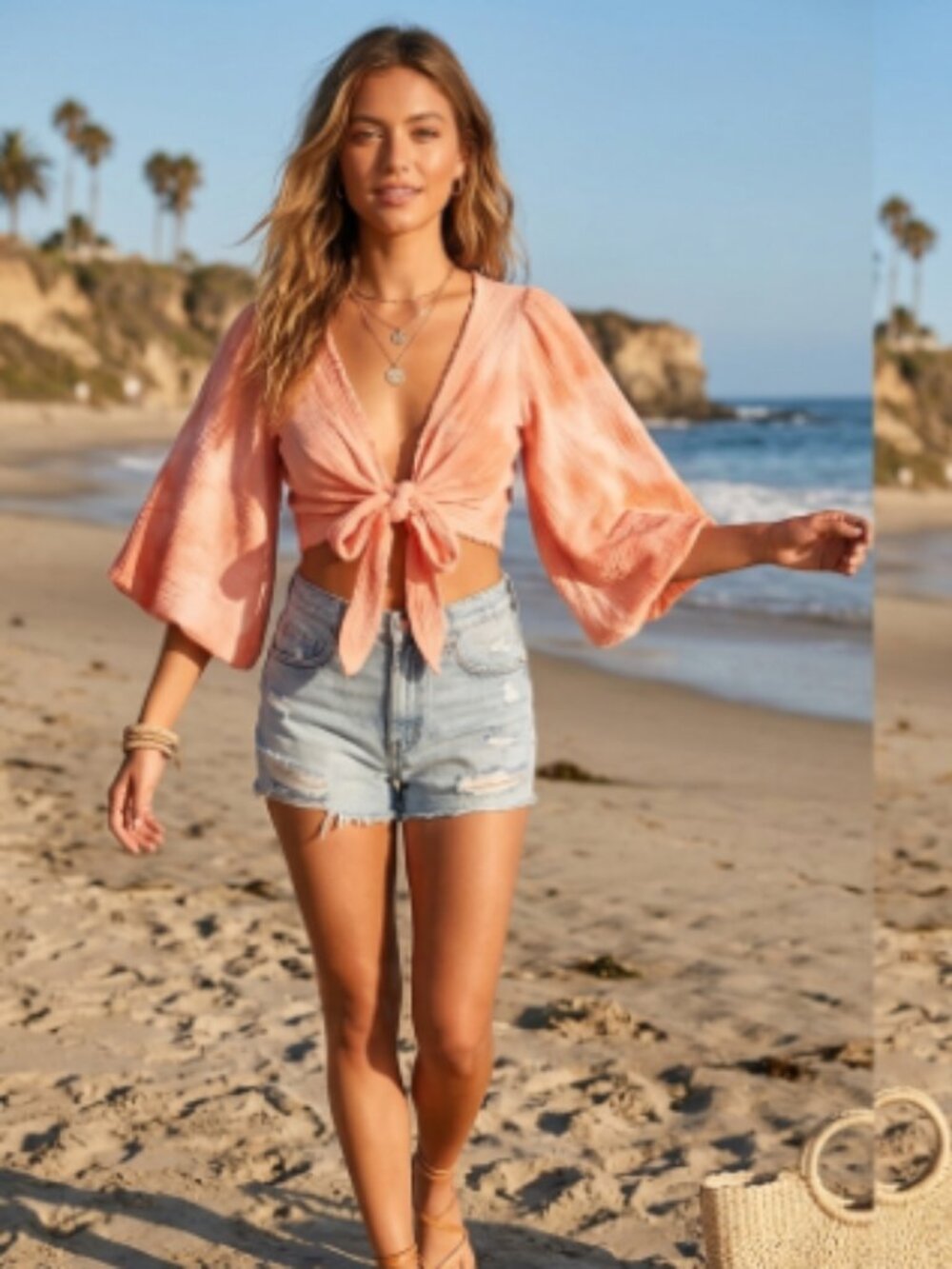 Lulus Peach Tie Dye Crinkle Gauze Crop Wrap Top Butterfly Sleeve Size S